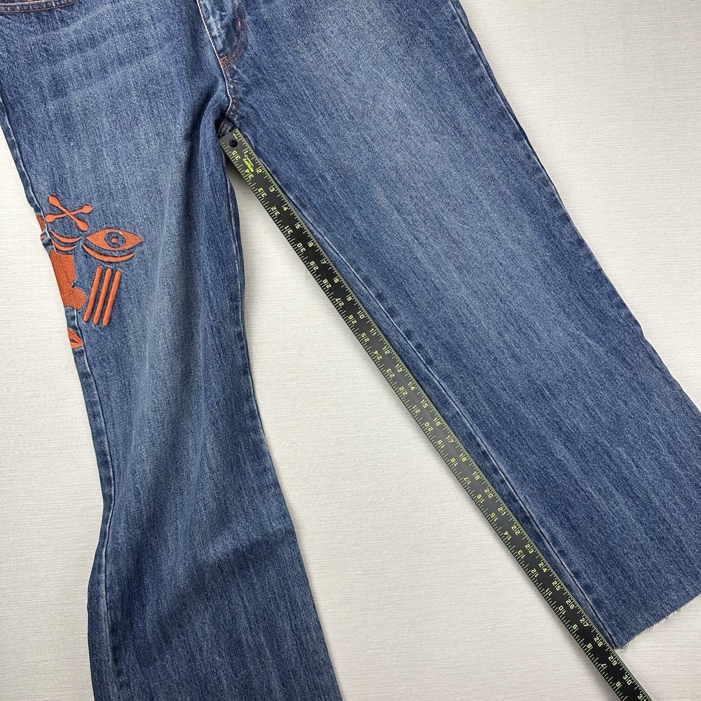 Moshood Denim Wide Leg Embroidered Jeans Raw Edge Cuff Men 39x29 Med Wash - Picture 12 of 13